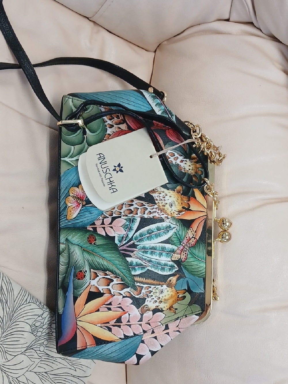 Anuschka Painted Leather Clutch in Tropical Green, Black & Coral
